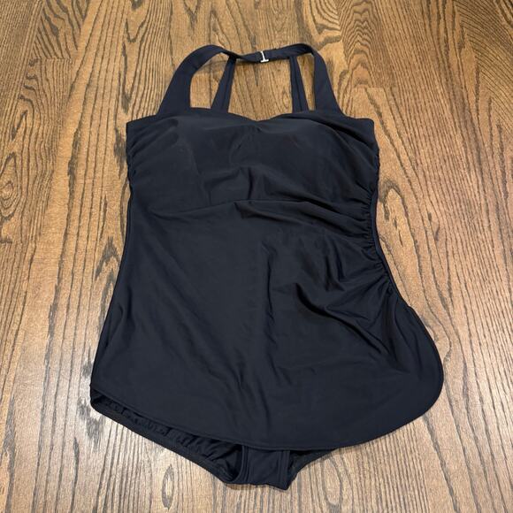 Lands End Womens Solid Black Halter One Piece Skirted Swim Suit Size 16P Petite - Picture 1 of 7